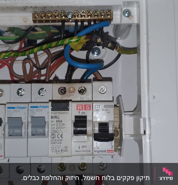 לוח חשמל עם מפסקים וחוטי חשמל צבעוניים